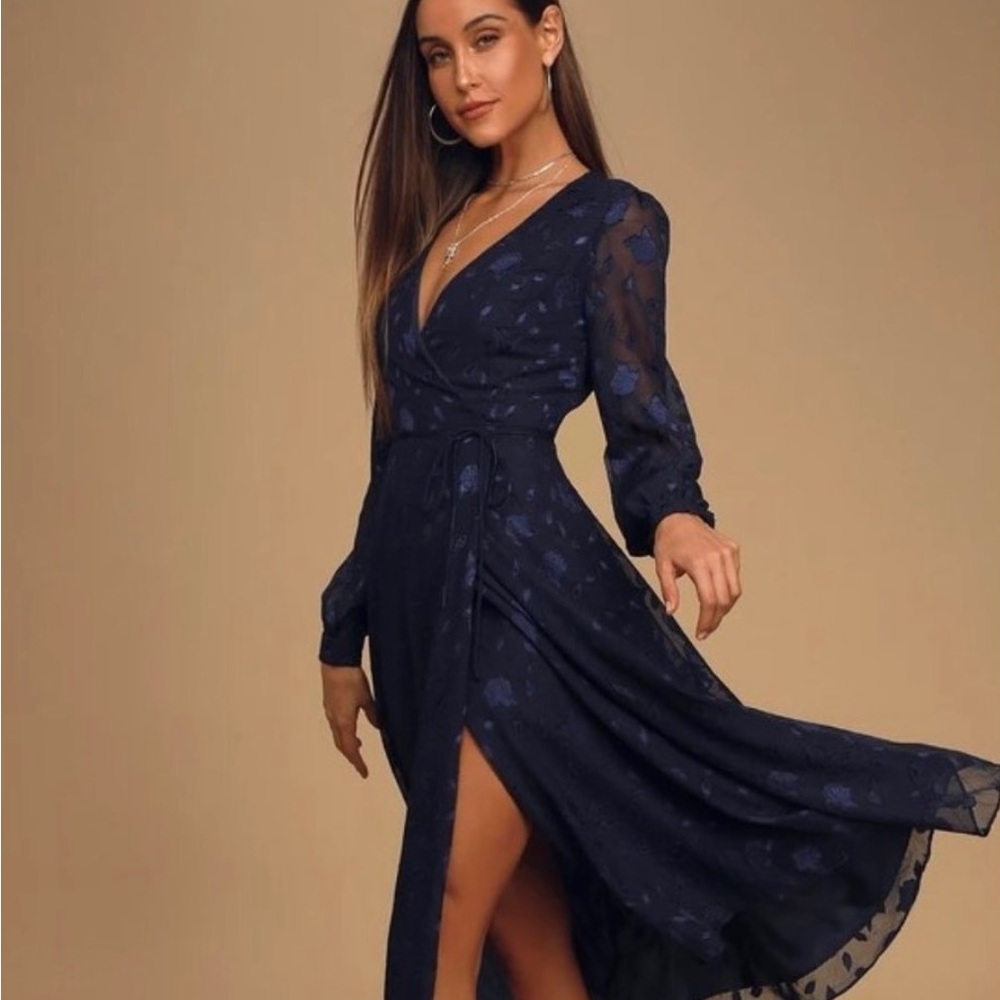 Lulu's Evening of Elegance Navy Blue Floral Jacquard Wrap Midi Dress XL